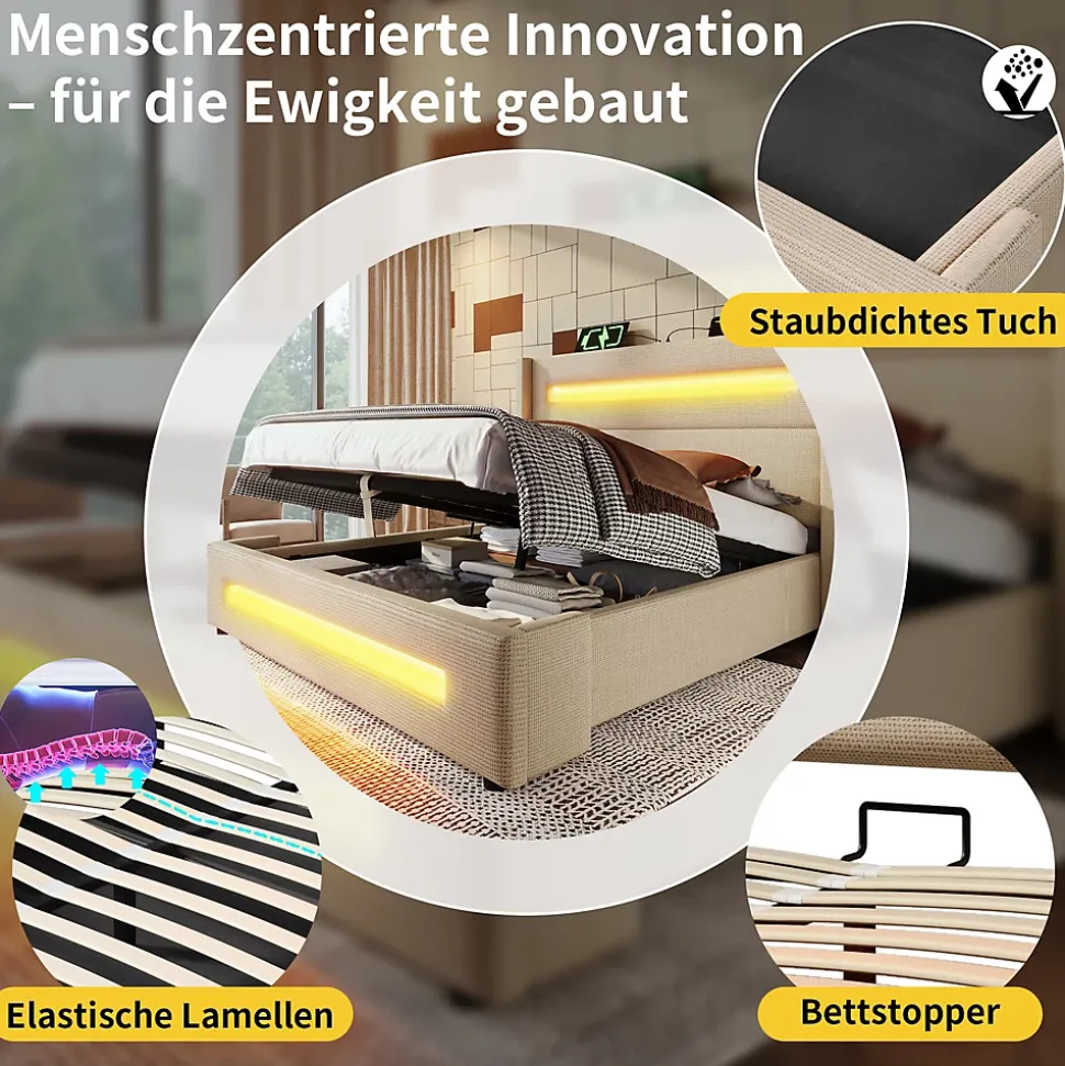 Lit coffre 140x200 cm - Lit coffre double avec Rangement Hydraulique, Éclairage LED et USB Type-C, Velours Beige, Matelas Inclus