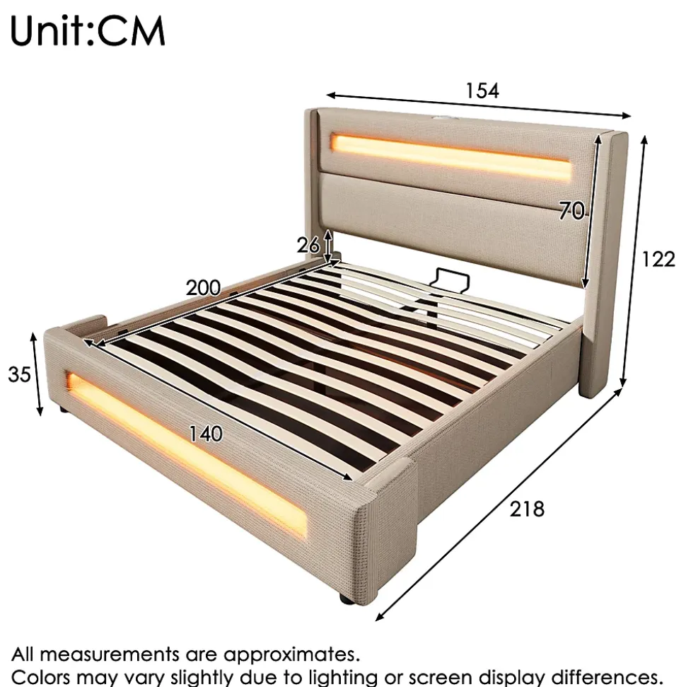 Lit coffre 140x200 cm - Lit coffre double avec Rangement Hydraulique, Éclairage LED et USB Type-C, Velours Beige, Matelas Inclus