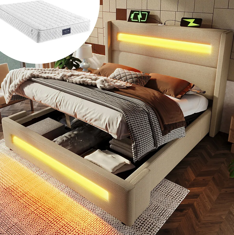 Lit coffre 140x200 cm - Lit coffre double avec Rangement Hydraulique, Éclairage LED et USB Type-C, Velours Beige, Matelas Inclus