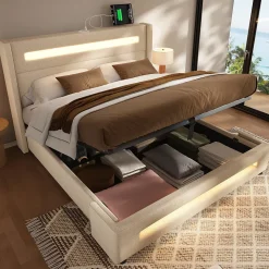 Lit coffre 140x200 cm - Lit coffre double avec Rangement Hydraulique, Éclairage LED et USB Type-C, Velours Beige, Matelas Inclus