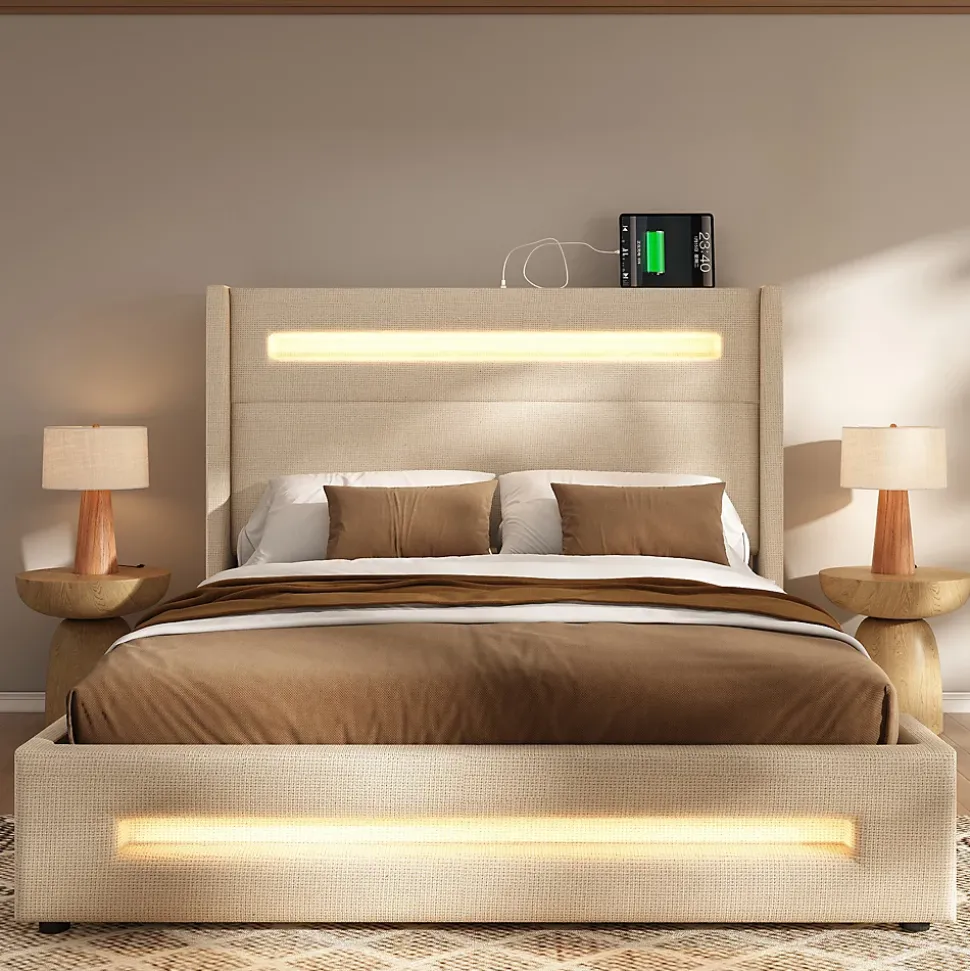 Lit coffre 140x200 cm - Lit coffre double avec Rangement Hydraulique, Éclairage LED et USB Type-C, Velours Beige, Matelas Inclus