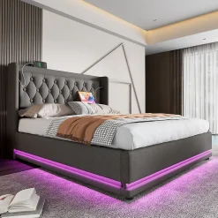 Lit coffre 160x200 cm - Lit coffre hydraulique avec USB Type-C et LED - Coton - avec Matelas - Gris