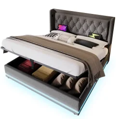 Lit coffre 160x200 cm - Lit coffre hydraulique avec USB Type-C et LED - Coton - avec Matelas - Gris