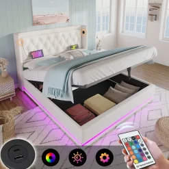 Lit coffre 160x200 cm - Lit coffre hydraulique avec USB Type-C et LED - PU - Sans Matelas - Blanc