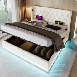 Lit coffre 160x200 cm - Lit coffre hydraulique avec USB Type-C et LED - PU - Sans Matelas - Blanc