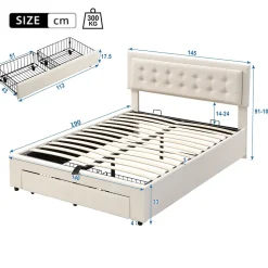 Lit coffre 140x190 cm - Lit coffre hydraulique avec 2 tiroirs et sommier à lattes - Capitonné Velours - Sans Matelas - Beige