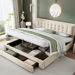 Lit coffre 180x200 cm - Lit coffre hydraulique avec 2 tiroirs et sommier à lattes - Velours - Sans Matelas - Beige