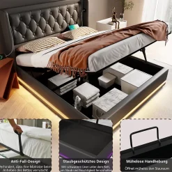 Lit coffre 180x200 cm - Lit coffre hydraulique avec USB Type-C et LED - PU - Sans Matelas - Noir