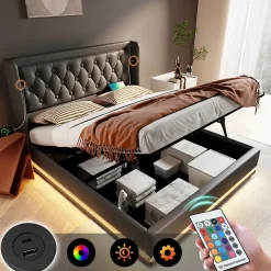 Lit coffre 180x200 cm - Lit coffre hydraulique avec USB Type-C et LED - PU - Sans Matelas - Noir