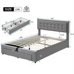 Lit coffre 140x190 cm - Lit coffre hydraulique avec 2 tiroirs et sommier à lattes - Capitonné Velours - Sans Matelas - Gris