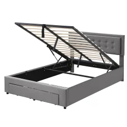Lit coffre 140x190 cm - Lit coffre hydraulique avec 2 tiroirs et sommier à lattes - Capitonné Velours - Sans Matelas - Gris