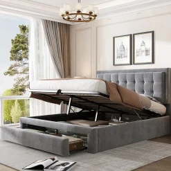 Lit coffre 140x190 cm - Lit coffre hydraulique avec 2 tiroirs et sommier à lattes - Capitonné Velours - Sans Matelas - Gris