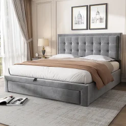 Lit coffre 140x190 cm - Lit coffre hydraulique avec 2 tiroirs et sommier à lattes - Capitonné Velours - Sans Matelas - Gris