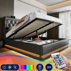 Lit coffre 140x200 cm - Lit coffre hydraulique avec USB Type-C et LED - PU - avec Matelas - Noir