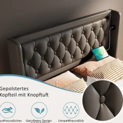 Lit coffre 140x200 cm - Lit coffre hydraulique avec USB Type-C et LED - PU - avec Matelas - Noir