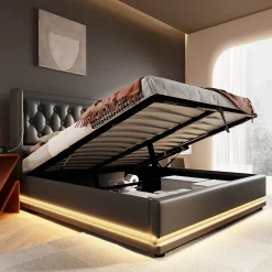 Lit coffre 140x200 cm - Lit coffre hydraulique avec USB Type-C et LED - PU - avec Matelas - Noir