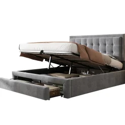 Lit coffre 140x200 cm - Lit coffre hydraulique avec 2 tiroirs et sommier à lattes en bois - Velours - Sans Matelas - Gris