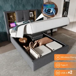 Lit Coffre 90x200 cm - Lit Coffre Capitonné Simple avec Wireless Charging et USB C, Coton Gris, Matelas Inclus