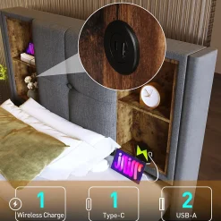 Lit Coffre 90x200 cm - Lit Coffre Capitonné Simple avec Wireless Charging et USB C, Coton Gris, Matelas Inclus