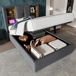 Lit Coffre 90x200 cm - Lit Coffre Capitonné Simple avec Wireless Charging et USB C, Coton Gris, Matelas Inclus