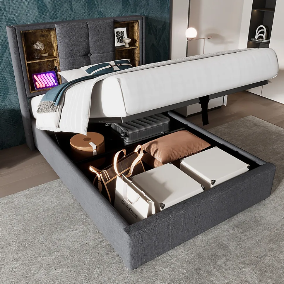 Lit Coffre 90x200 cm - Lit Coffre Capitonné Simple avec Wireless Charging et USB C, Coton Gris, Matelas Inclus