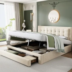 Lit coffre 160x200 cm - Lit coffre hydraulique avec 2 tiroirs et sommier à lattes - Velours - Sans Matelas - Beige