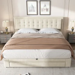 Lit coffre 160x200 cm - Lit coffre hydraulique avec 2 tiroirs et sommier à lattes - Velours - Sans Matelas - Beige