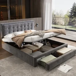 Lit coffre 160x200 cm - Lit coffre hydraulique avec 2 tiroirs et sommier à lattes en bois - Velours - Sans Matelas - Gris