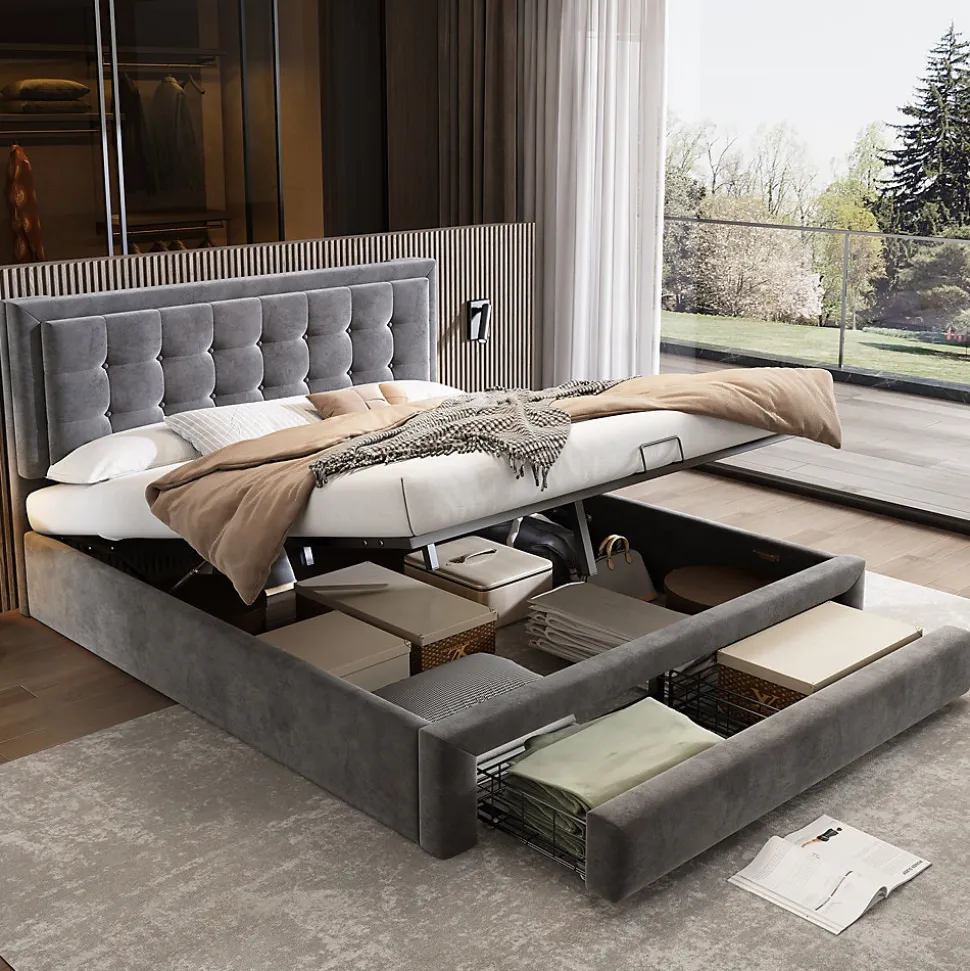 Lit coffre 160x200 cm - Lit coffre hydraulique avec 2 tiroirs et sommier à lattes en bois - Velours - Sans Matelas - Gris