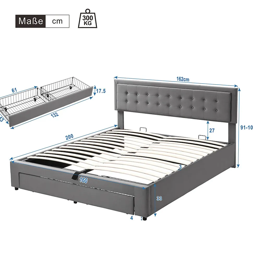 Lit coffre 160x200 cm - Lit coffre hydraulique avec 2 tiroirs et sommier à lattes en bois - Velours - Sans Matelas - Gris