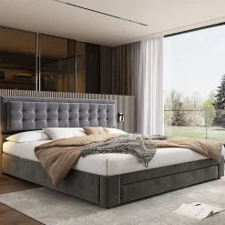 Lit coffre 160x200 cm - Lit coffre hydraulique avec 2 tiroirs et sommier à lattes en bois - Velours - Sans Matelas - Gris