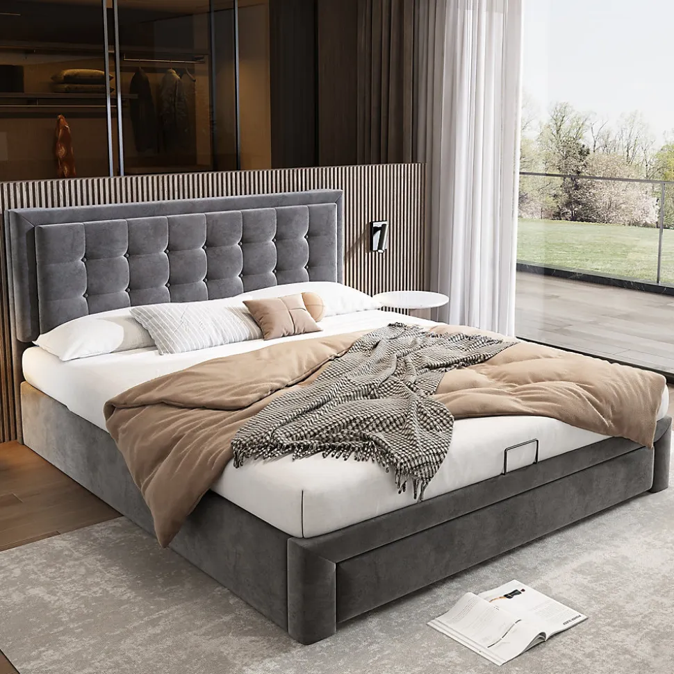 Lit coffre 160x200 cm - Lit coffre hydraulique avec 2 tiroirs et sommier à lattes en bois - Velours - Sans Matelas - Gris