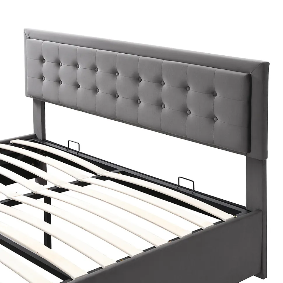 Lit coffre 160x200 cm - Lit coffre hydraulique avec 2 tiroirs et sommier à lattes en bois - Velours - Sans Matelas - Gris