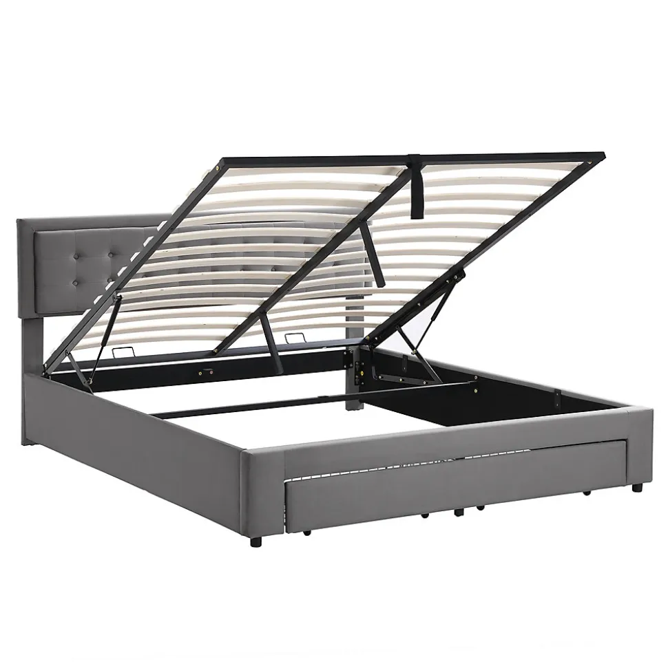 Lit coffre 160x200 cm - Lit coffre hydraulique avec 2 tiroirs et sommier à lattes en bois - Velours - Sans Matelas - Gris