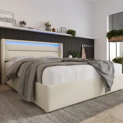 Lit Coffre 140x200 cm - Lit Coffre Capitonné Double avec Coffre Hydraulique et Tête de Lit LED, PU Blanc, Matelas Inclus