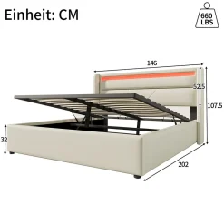 Lit Coffre 140x200 cm - Lit Coffre Capitonné Double avec Coffre Hydraulique et Tête de Lit LED, PU Blanc, Matelas Inclus