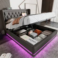 Lit coffre 180x200 cm - Lit coffre hydraulique avec USB Type-C - Coton - Sans Matelas - Gris