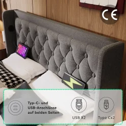 Lit coffre 180x200 cm - Lit coffre hydraulique avec USB Type-C - Coton - Sans Matelas - Gris