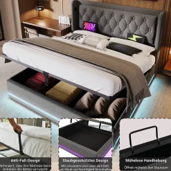 Lit coffre 180x200 cm - Lit coffre hydraulique avec USB Type-C - Coton - Sans Matelas - Gris