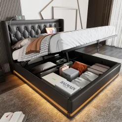 Lit coffre 160x200 cm - Lit coffre hydraulique avec USB Type-C et LED - PU - Sans Matelas - Noir