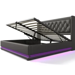 Lit coffre 160x200 cm - Lit coffre hydraulique avec USB Type-C et LED - PU - Sans Matelas - Noir