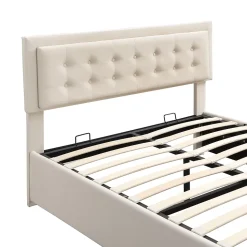 Lit coffre 140x200 cm - Lit coffre hydraulique avec 2 tiroirs et sommier à lattes - Velours - Sans Matelas - Beige