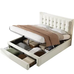 Lit coffre 140x200 cm - Lit coffre hydraulique avec 2 tiroirs et sommier à lattes - Velours - Sans Matelas - Beige