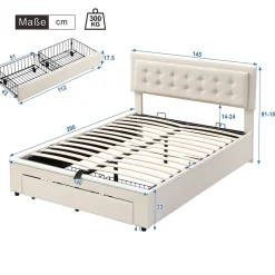 Lit coffre 140x200 cm - Lit coffre hydraulique avec 2 tiroirs et sommier à lattes - Velours - Sans Matelas - Beige