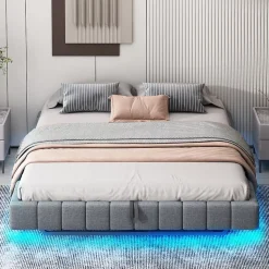 Lit Coffre 180x200 cm - Lit Double avec Rangement, Sommier Relevable, Bande LED Intégrée - Tissu Gris - Sans Matelas