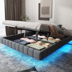 Lit Coffre 180x200 cm - Lit Double avec Rangement, Sommier Relevable, Bande LED Intégrée - Tissu Gris - Sans Matelas