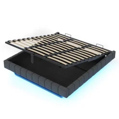 Lit Coffre 180x200 cm - Lit Double avec Rangement, Sommier Relevable, Bande LED Intégrée - Tissu Gris - Sans Matelas