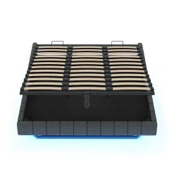 Lit Coffre 180x200 cm - Lit Double avec Rangement, Sommier Relevable, Bande LED Intégrée - Tissu Gris - Sans Matelas