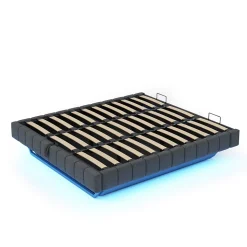 Lit Coffre 180x200 cm - Lit Double avec Rangement, Sommier Relevable, Bande LED Intégrée - Tissu Gris - Sans Matelas