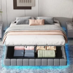 Lit Coffre 180x200 cm - Lit Double avec Rangement, Sommier Relevable, Bande LED Intégrée - Tissu Gris - Sans Matelas